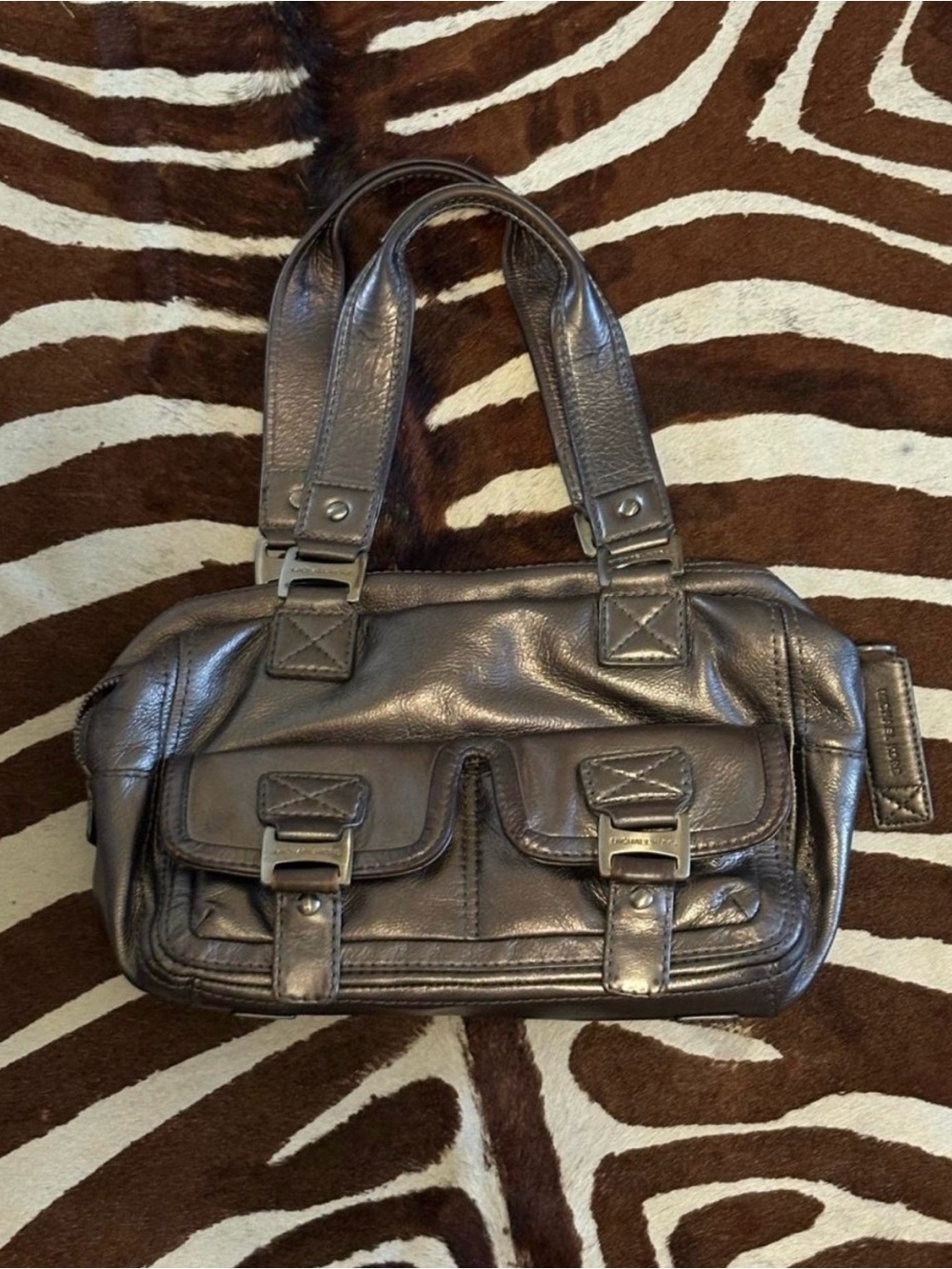 Michael Kors Metallic Pewter Leather Double-Pocket Shoulder Bag